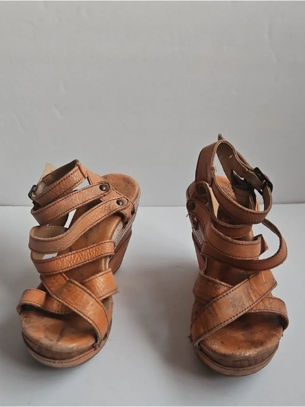 Bed Stu Distressed Orange Leather Strappy Juliana Wedge Sandals